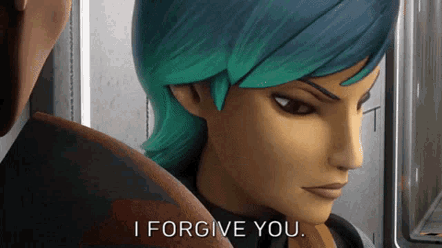 a close up of a woman with blue hair saying i forgive you