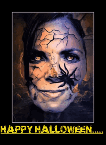 a picture of a woman with a spider on her face and the words happy halloween on the bottom