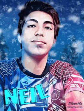 a drawing of a young man with the name neil on his shirt
