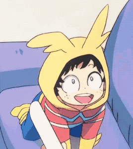 a cartoon character is wearing a bunny costume and holding a sword while sitting on a couch .