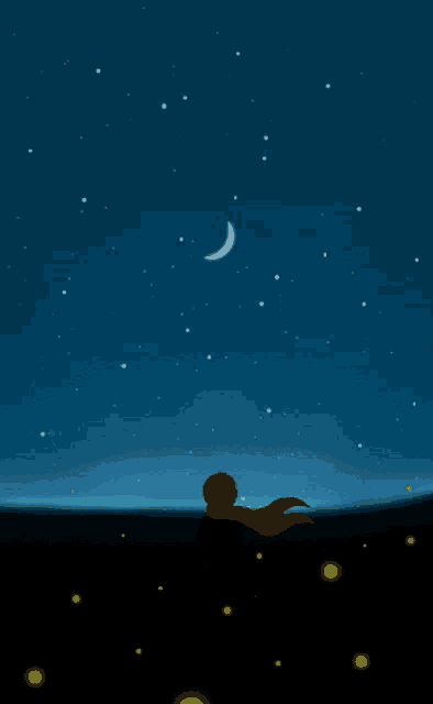 a crescent moon is in the night sky above a person