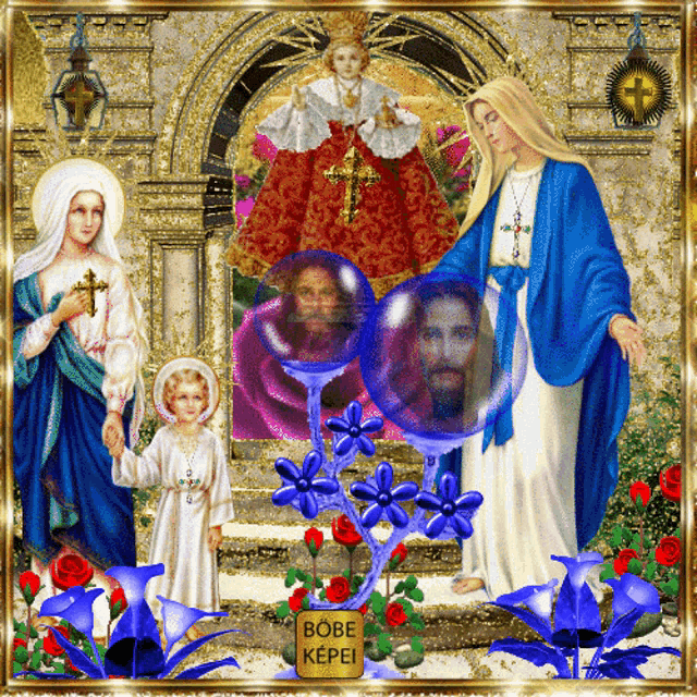 a picture of the virgin mary and jesus with a sign that says bobe kepei