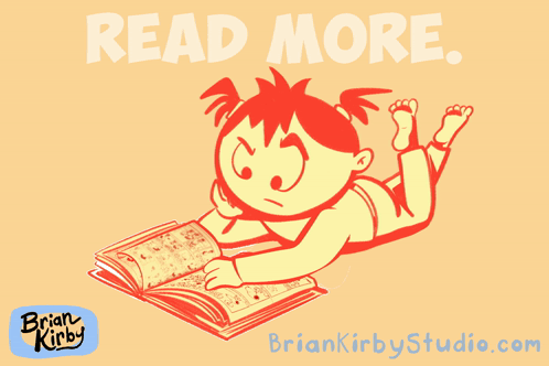 a cartoon of a girl reading a book with the words read more below her