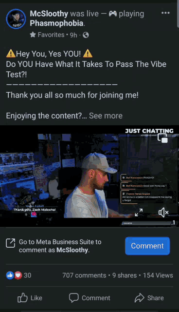 a screenshot of mcsloothy playing phasmophobia on a facebook page