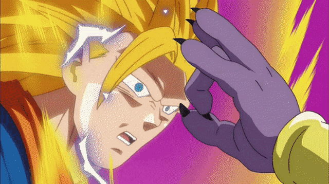 a close up of a cartoon character 's face with a purple hand behind it