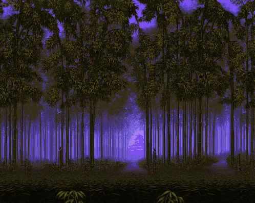 a dark forest with purple trees and a purple sky in the background