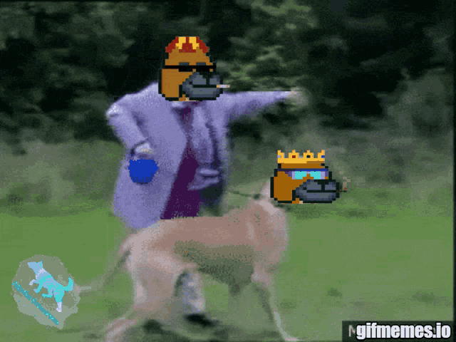 a pixel art of a man walking a dog with a gifmemes.io watermark at the bottom