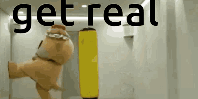 a cartoon character is kicking a punching bag with the words get real behind it