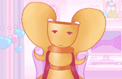 a cartoon character with huge ears is sitting in front of a pink wall