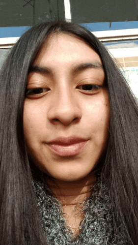 a close up of a woman 's face with long black hair