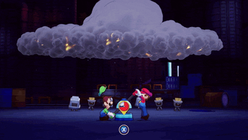 mario and luigi are playing a video game with an x in the middle
