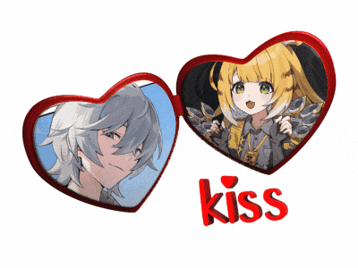 a couple of hearts with a girl and a boy and the word kiss below them