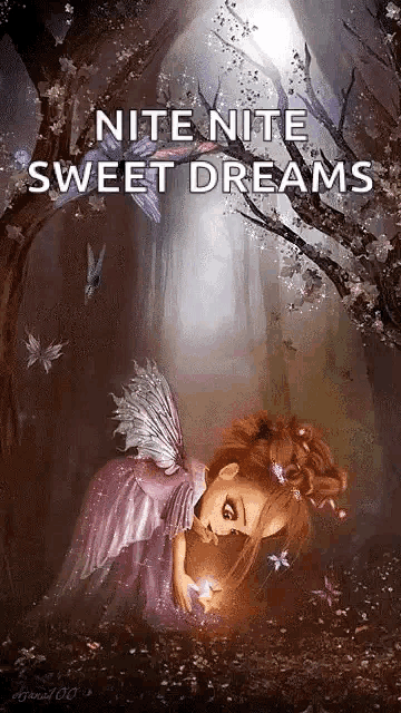 a fairy in a purple dress is holding a light in a dark forest and says nite nite sweet dreams .