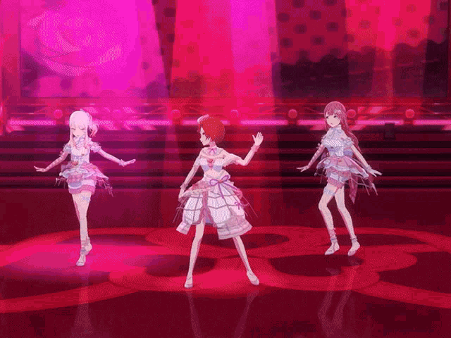 three anime characters are dancing on a stage