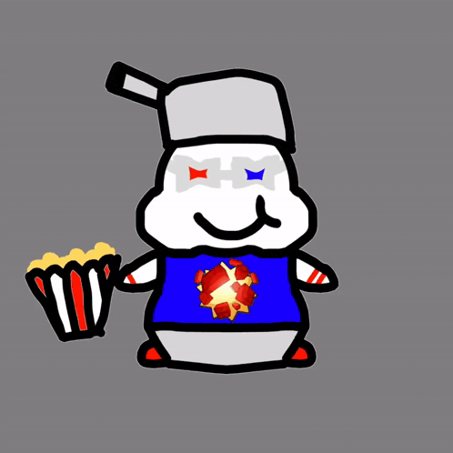 a cartoon drawing of a marshmallow holding a bag of popcorn