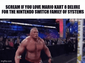 a muscle man is screaming in front of a crowd while playing mario kart 8 deluxe on the nintendo switch .