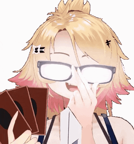 a girl with glasses is holding playing cards in her hands