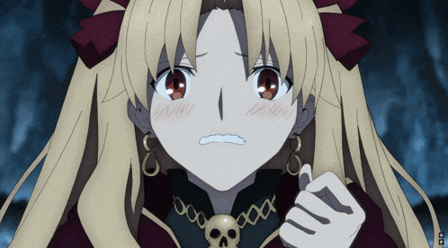 a girl with a skull necklace is making a face