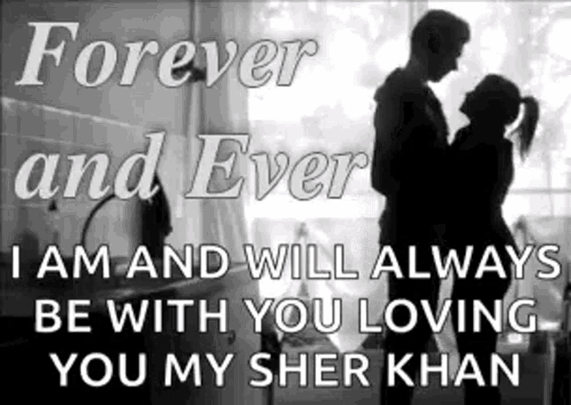 a black and white photo of a man and woman hugging with the words `` forever and ever ''