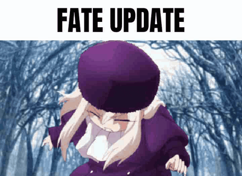 a girl in a purple coat and hat is dancing in the snow with the words fate update above her