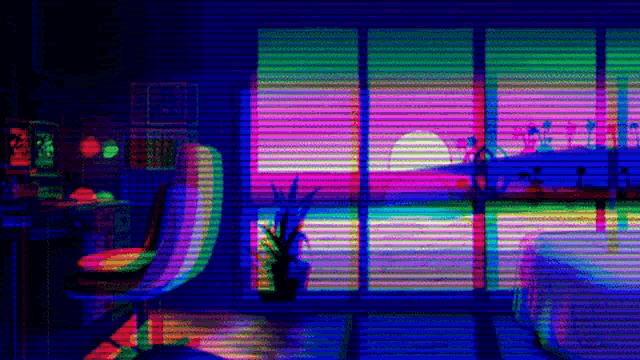 a room with a sunset in the background and a rainbow of lights coming out of the windows .