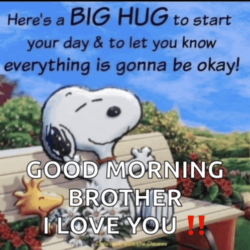 a picture of snoopy and woodstock on a bench with a good morning message