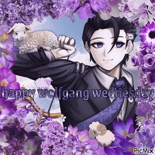 a happy wolfgang wednesday greeting with purple flowers