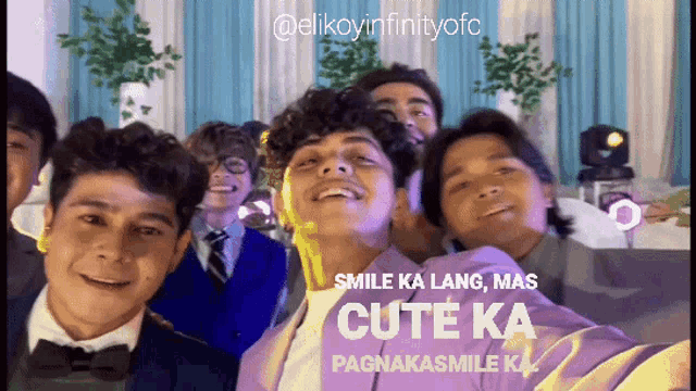 a group of young men are posing for a picture and the caption says smile ka lang mas cute ka