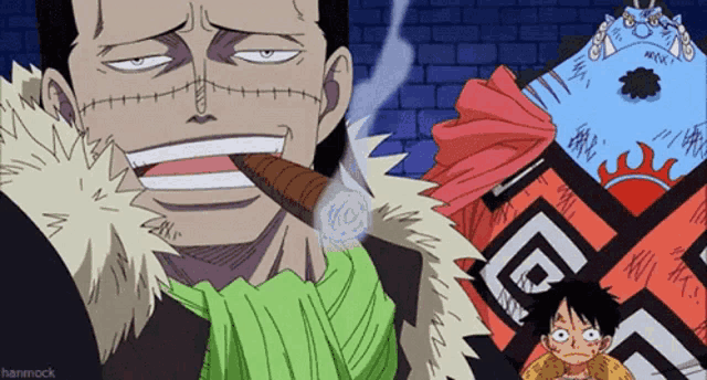 a drawing of a man smoking a cigar next to a monkey d luffy character