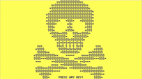 a yellow background with a skull made up of dollars and the words press any key