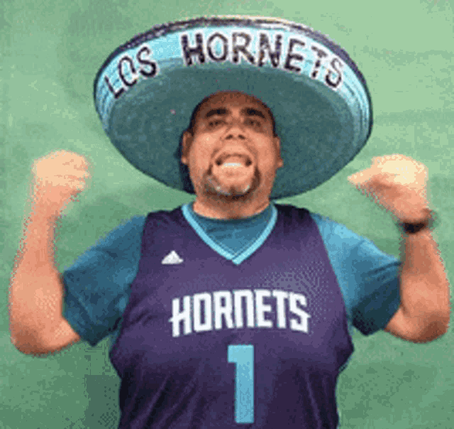 a man wearing a sombrero and a los hornets jersey
