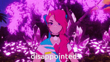 a cartoon girl with pink hair is standing in front of a purple background with the words disappointed written on it .