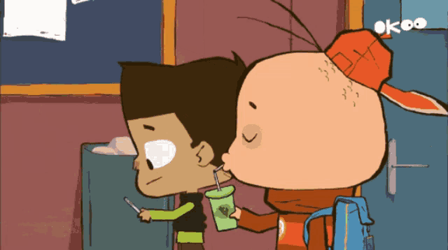 two cartoon characters are standing next to each other and one is drinking from a green cup with a straw