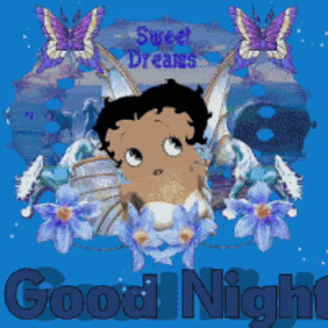 a picture of betty boop saying good night with butterflies and flowers