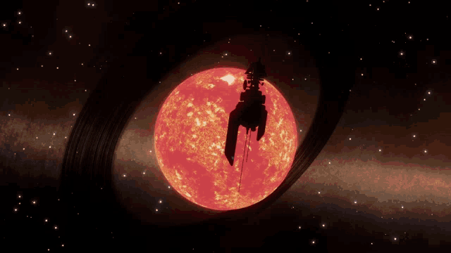 a space ship is flying in front of a large red star