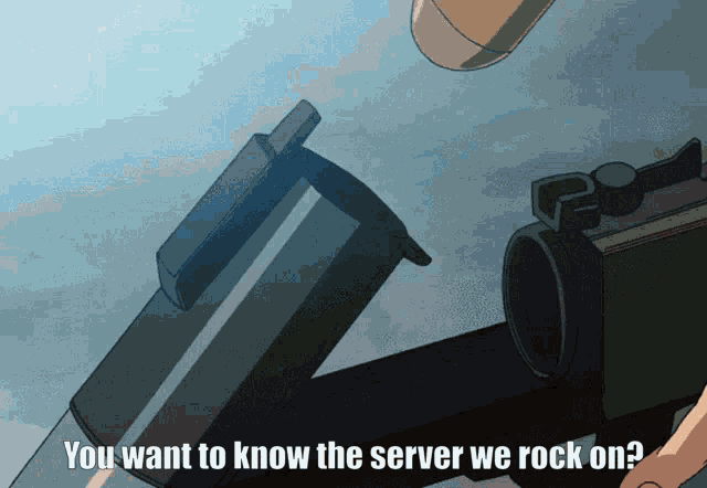 a person holding a gun with the words " you want to know the server we rock on "