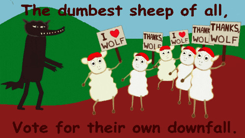 a cartoon of sheep holding up signs that say i love wolf