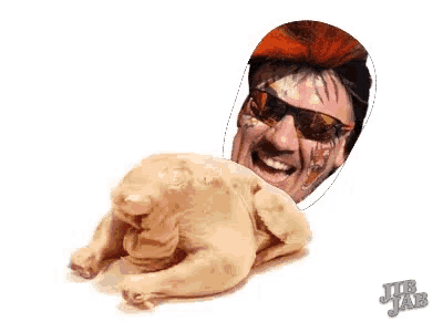 a picture of a chicken with a man 's face coming out of it and the words " jb jab " on the bottom