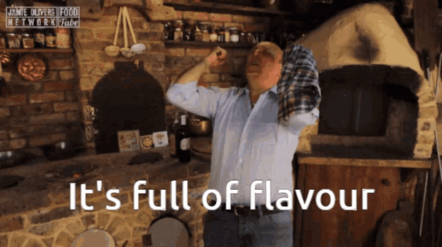a man in a kitchen with the words it 's full of flavour above him