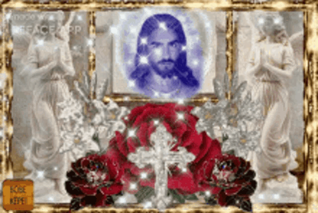 a picture of jesus surrounded by angels and red roses