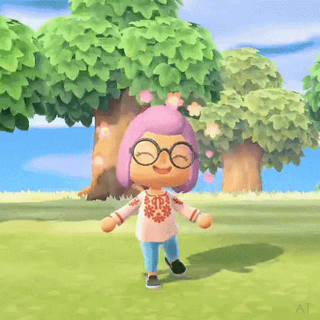 a cartoon character wearing glasses and pink hair is standing in a field .