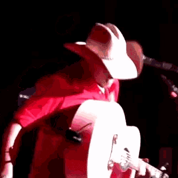 a man in a cowboy hat is playing an acoustic guitar in front of a microphone