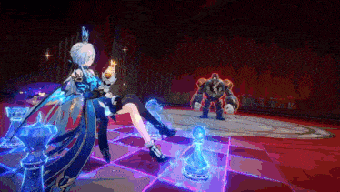a video game character is sitting on a chess board with a robot in the background