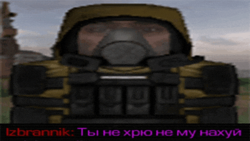 a picture of a man with a gas mask and the words izbrannnik below him