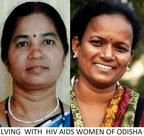 a picture of two women with the caption ' lying with hiv aids women of odisha ' on the bottom