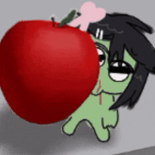 a green cartoon character is holding a large red apple