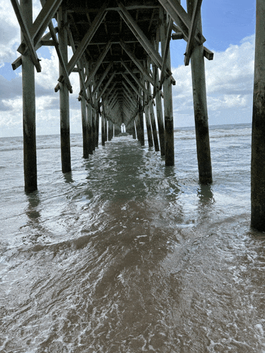 a pier with a lot of pillars going into the ocean