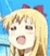 a close up of a cartoon girl with blonde hair and a red bow in her hair making a funny face .