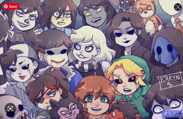 a drawing of a group of cartoon characters with the name karyn on the bottom left