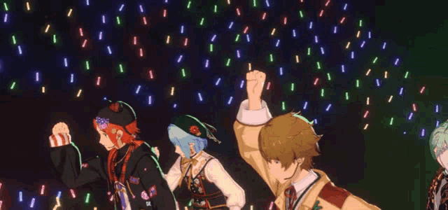 a group of anime characters standing on a stage